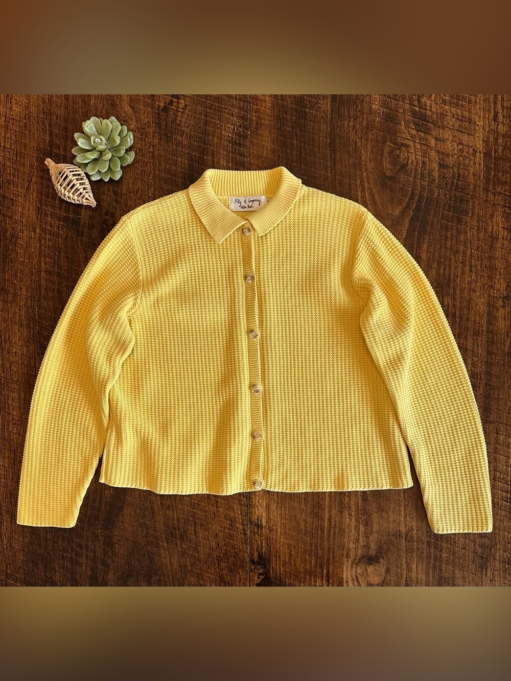 BKg & Company New York | Yellow Waffle Knit Collared Button Down Sweater, OS - Picture 2 of 9